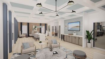 a rendering of a living room with a fireplace and a dining room in the background